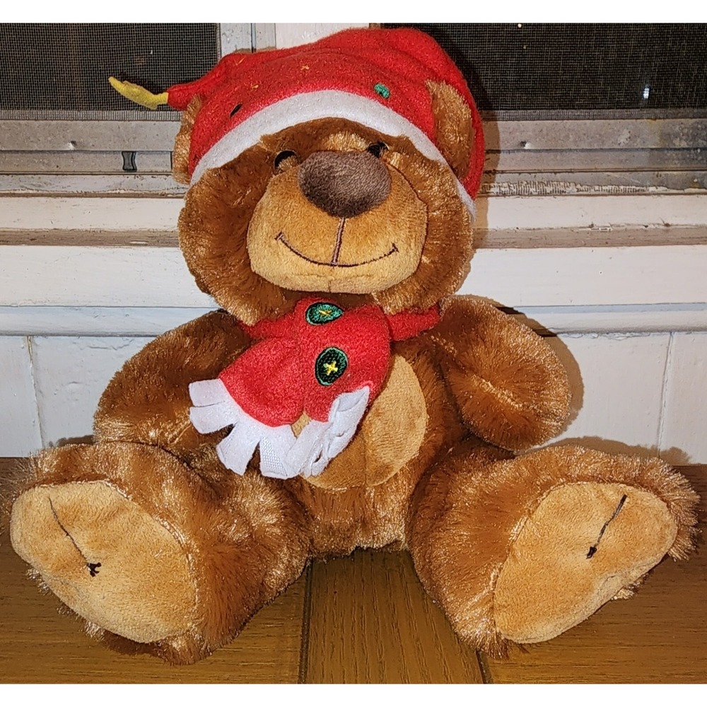 American Greetings Christmas Red Hat Scarf‎ Bear Plush Stuffed Star Lights